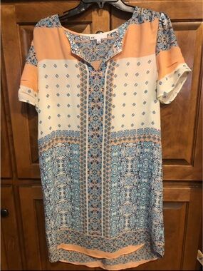 DR2 Blue and Peach Printed Short Sleeve Midi Dress